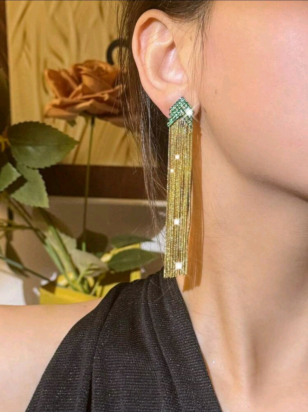 Dangle Tassel Earrings with Emerald Green Accent